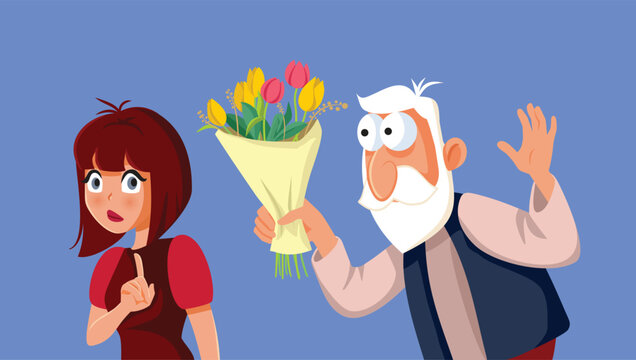 Elderly Man Offering Tulip Flower Bouquet To A Hesitant Young Woman. Senior person giving flowers to an unsure girl showing refusal gesture
