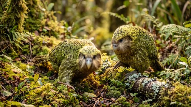 two kakapo parrots close up at morning light in codfish island new zealand video