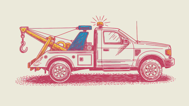 Vintage tow truck vector illustration, retro breakdown service vehicle, classic recovery truck with crane and hook, automotive roadside assistance
