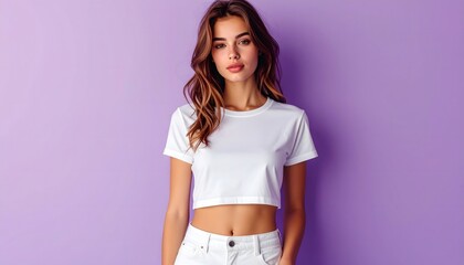 Fototapeta premium Retrato de mujer joven con camiseta corta blanca y pantalón blanco sobre fondo violeta liso en una composición de moda minimalista