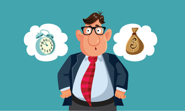Businessman Balancing Time And Money Corporate Illustration Graphic Vector. Confused businessman stands between icons representing time and financial wealth 
