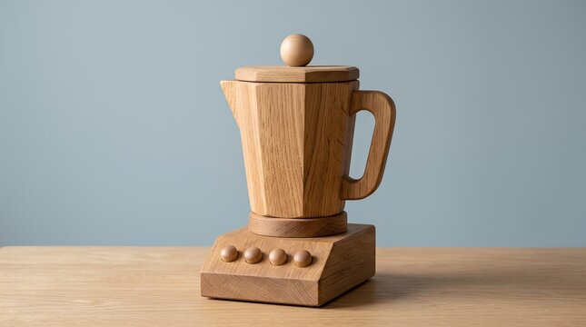 Vintage Wooden Blender Toy on Oak Table, Handcrafted Children Kitchen Pretend Play Appliance Model