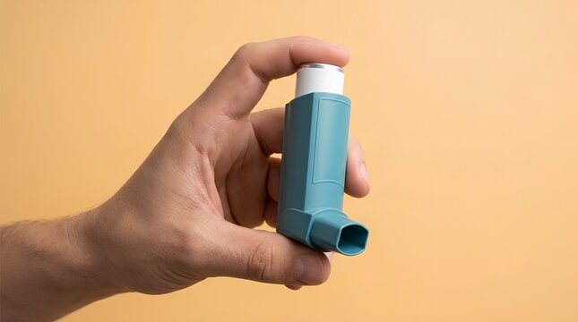 Hand Holding Blue Asthma Inhaler on Peach Background, Respiratory Medication Mockup Concept