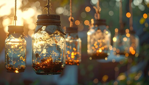Tarros de cristal colgantes con peque&ntilde;as luces c&aacute;lidas y reflejos dorados en un entorno exterior con fondo bokeh