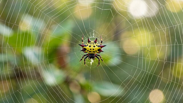 gasteracantha versicolor spider on web close up at morning light in south africa video