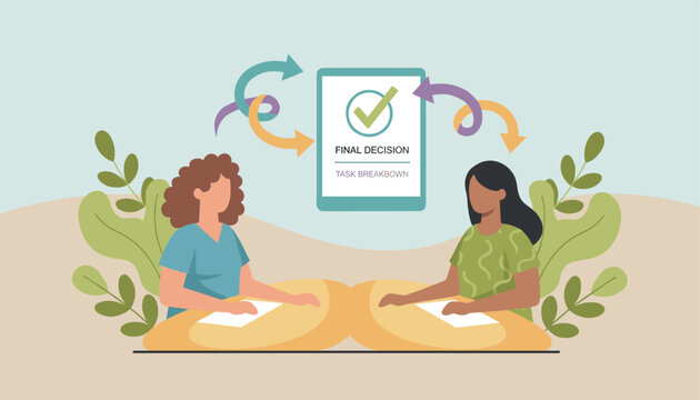 Two female colleagues finalizing a complex task breakdown list and reaching a final decision in a clean workspace.