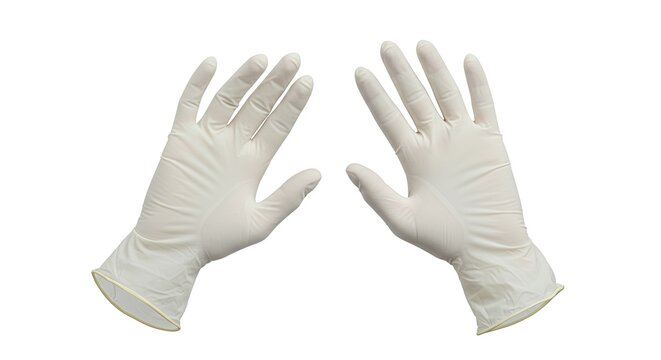 Close-up of a person's hands wearing white knitted fingerless gloves.