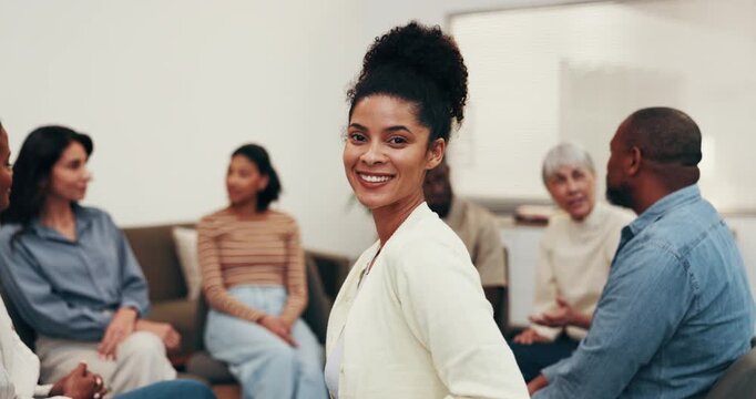 Therapy, face or woman with group session, counseling profession or pride in mental health center. Happy, confidence or therapist with portrait, clinic psychologist or about us in peer intervention.