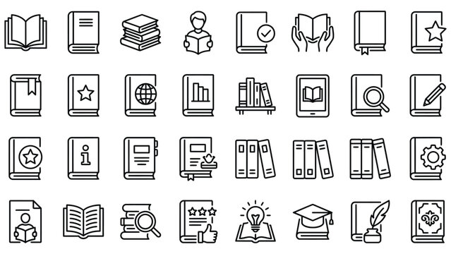 Outline book icon set featuring reading, learning, documentation, and knowledge concepts,
