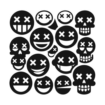 Group of stylized skull faces with crossed eyes.