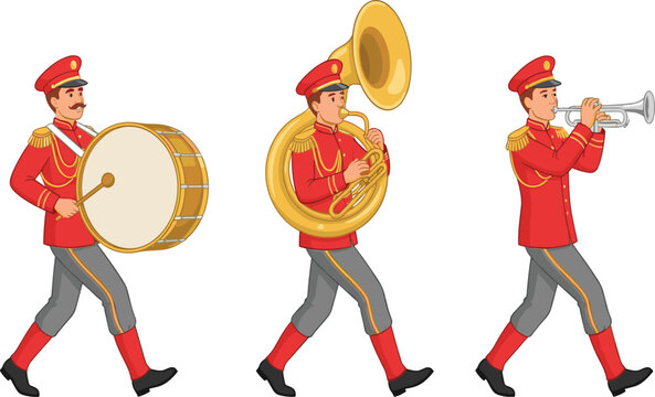 Marching Band Musicians Set Red Uniform Bass Drum Sousaphone Tuba Trumpet Performance Parade Clipart Vector Illustration