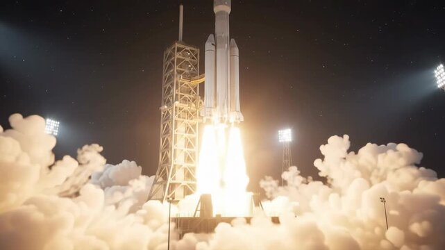 Rocket Launching into Night Sky with Bright Engines at Launch Pad