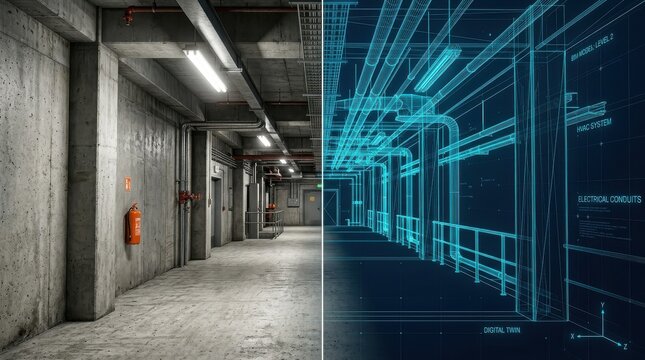 Digital Twin and BIM Model of Industrial Corridor with 3D Wireframe Overlay for Building Information Modeling Visualization