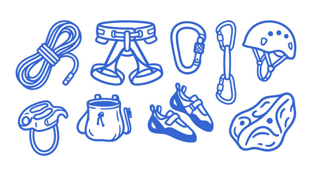 Sport climbing hand drawn doodle set featuring rope and harness in this black and white vector illustration for equipment