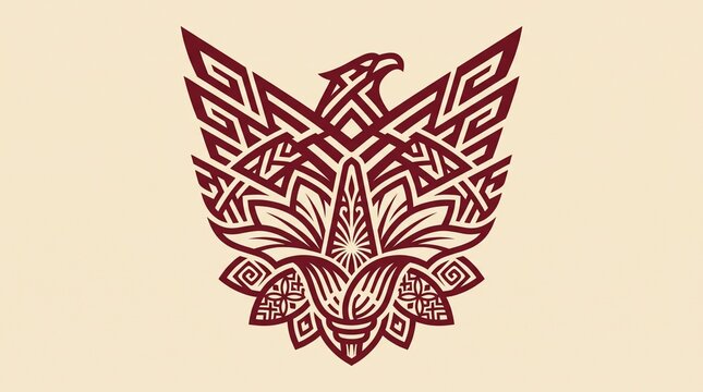 Stylized eagle and lotus flower emblem with intricate geometric tribal patterns