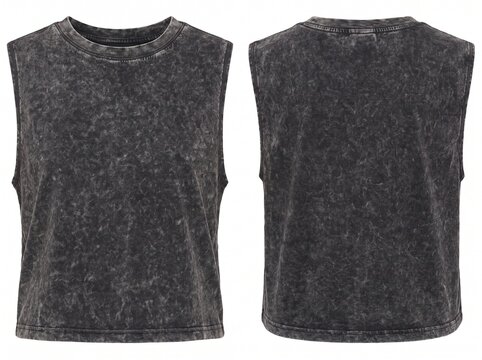 Black Acid Wash Muscle Tee Front and Back View Mockup, Distressed Vintage Sleeveless Tank Top Isolated on White Background