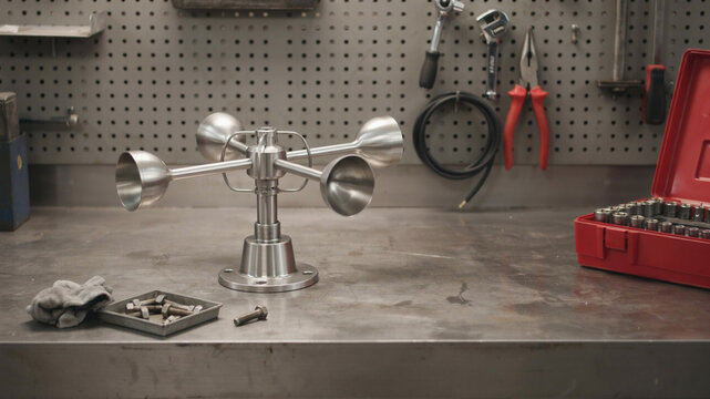 Four-cup stainless steel anemometer on a circular base, resting on a metal workbench with a tray of bolts and a glove in the foreground, and a red toolbox and tools on a pegboard in the