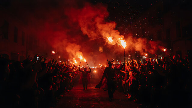 A dark figure wearing horns advances down a crowded city street holding glowing torches amid heavy smoke and flying firework sparks.
