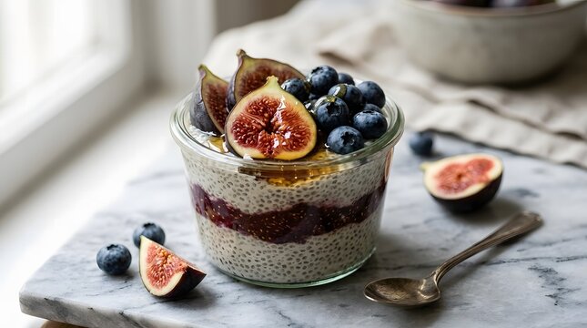 A glass jar of chia seed pudding is layered with fruit compote and topped with fresh figs and blueberries, resting on a rustic marble board.