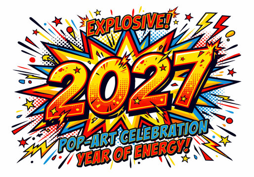 Explosive 2027 Pop Art New Year Celebration Typography Vector