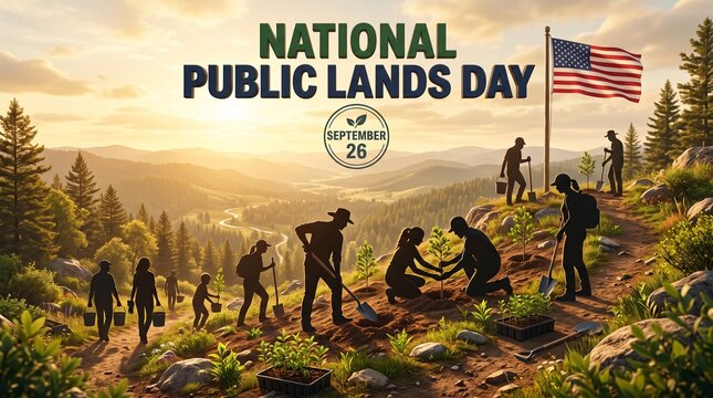 National Public Lands Day concept, volunteer conservation, planting trees, golden sunlight, American flag, September 28 typography, environmental protection poster, hiking silhouettes