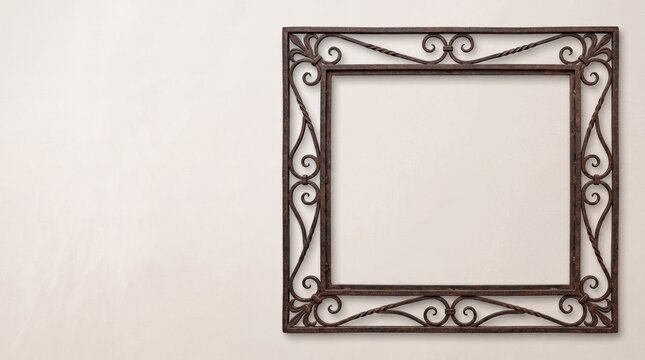 Antique iron artwork frame with scrolled design on plain wall  