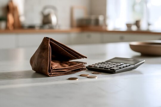 Leeres Portemonnaie mit Taschenrechner als Symbol f&uuml;r Geldknappheit und steigende Kosten