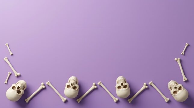 Small decorative skulls and bones arranged on a solid purple background for a halloween themed border