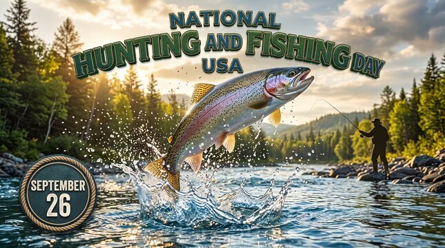 National Hunting And Fishing Day September 26, Angler Catching Rainbow Trout In River, Outdoors Sport Concept With Text
