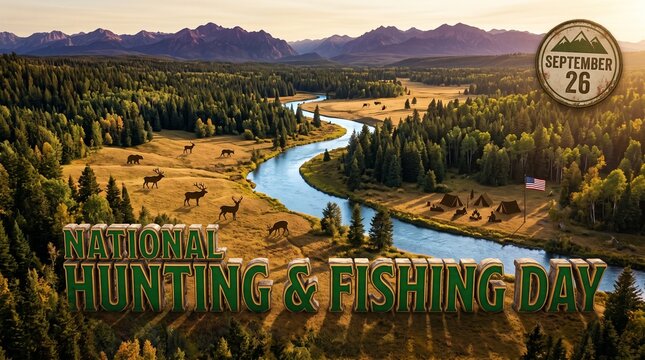 National Hunting and Fishing Day Poster, September 26, Deer in Meadow, River Landscape, Aerial View of Mountains and Forest