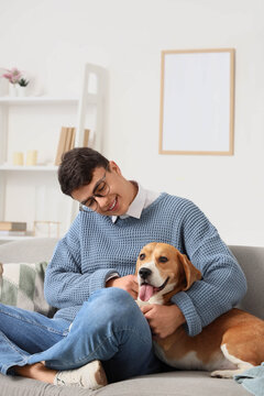 Young man in eyeglasses sitting on sofa with Beagle dog in living room