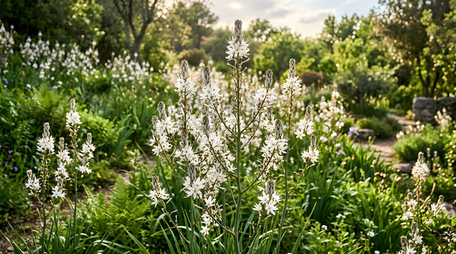 Blooming White Lavender Garden with Green Foliage and Sunny Sky