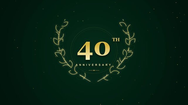 elegant motion graphic showcasing a golden 40th anniversary celebration logo with a glowing laurel wreath on a dark green background adorned with subtle particles.