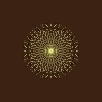 Golden mandala pattern on dark brown background, intricate circular geometric ornament, elegant luxury sunburst design