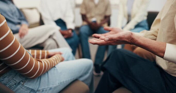 People, hands and discussion with social group for emotional support, therapy session or listening. Community, lesson and talking with empathy in circle or huddle for advice, guidance or counseling