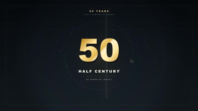 elegant golden 50 years half century anniversary motion graphics animation on a dark textured background with subtle glowing particles and HUD elements. Perfect for corporate milestones 