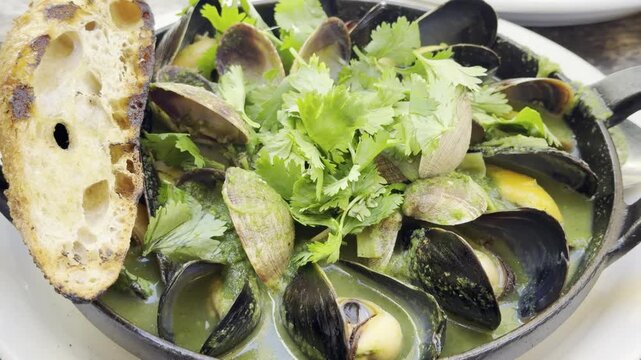 Black Mussels & Asari Clam at Gjelina, American Restaurant.  Venice is a neighborhood of the City of Los Angeles within the Westside region of Los Angeles County, California, United States.