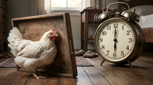 White Hen Hiding Behind a Wooden Board Beside an Alarm Clock