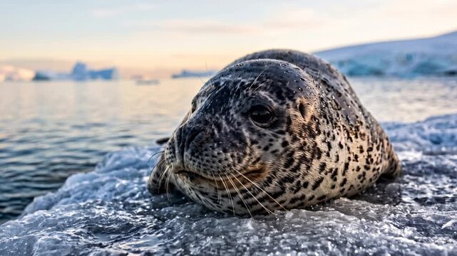 leopard seal close up at morning light in antarctica icy waters video