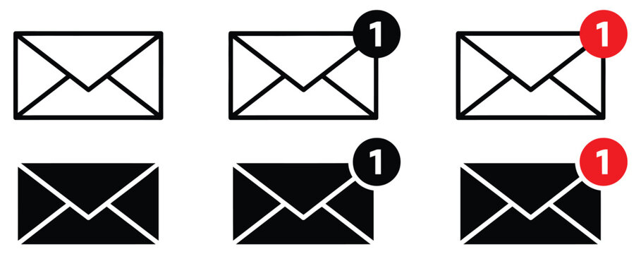 Envelope icons with notification badges representing email alerts, unread messages, inbox updates, and online communication