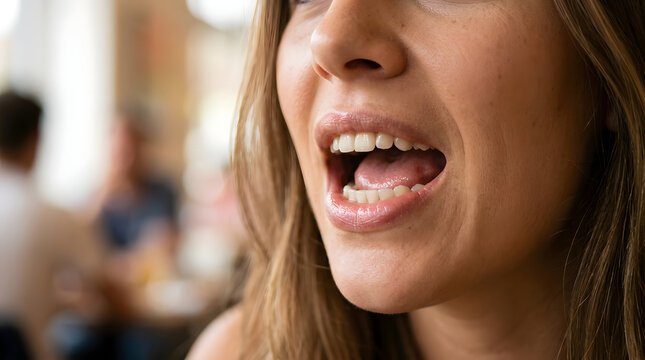 Close-up of woman speaking with mouth open in social setting