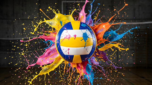 Colorful Splash of Paint Around Volleyball