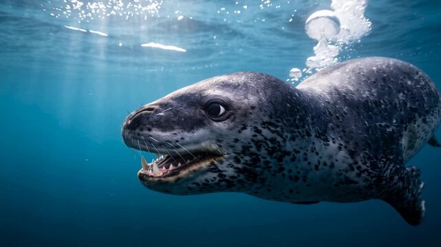 leopard seal underwater close up at morning light in antarctica southern ocean video