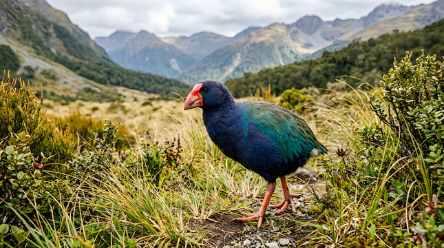 Colorful Takahe Bird Walking in Mountain Landscape