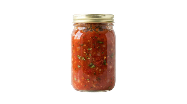 A glass jar filled with chunky red tomato salsa or marinara sauce with visible herbs and spices, isolated on transparent background