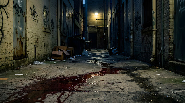 Dark Urban Alleyway with Bloodstain and Trash at Night