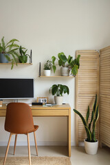 Plakat Interior of light office with workplace, shelves and green houseplants