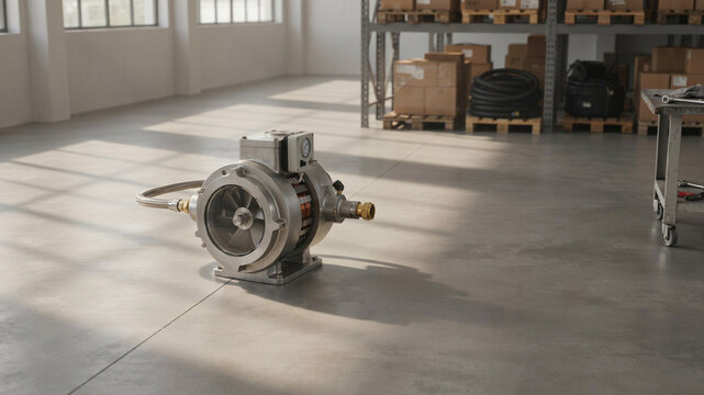 Industrial pump with visible impeller and metal casing, connected to hoses, placed on a concrete floor in a warehouse environment