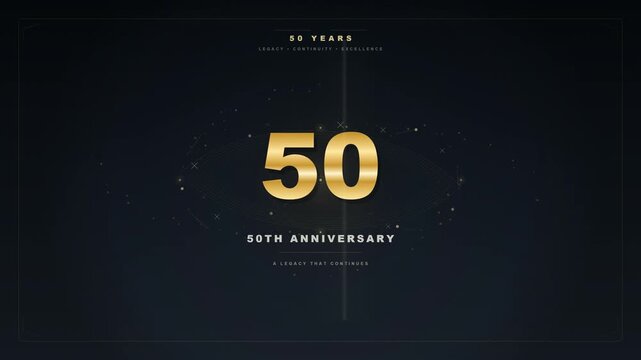 elegant motion graphics video featuring a large golden 50th anniversary logo with the years 1976 and 2026, set against a dark background with subtle glowing particles and lines.
