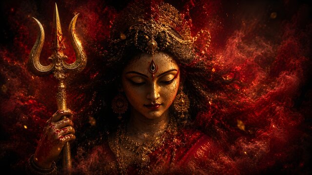 Cinematic portrait of maa durga holding trishul with emerging from dense red crimson mist